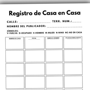 May include: A white paper form titled "Registro de Casa en Casa" with black text. The form includes fields for "CALLE," "TERR. NUM.," and "NOMBRE DEL PUBLICADOR." Below are rows of boxes for data entry, with labels like "NUMERO DE CASA" and "FECHA."