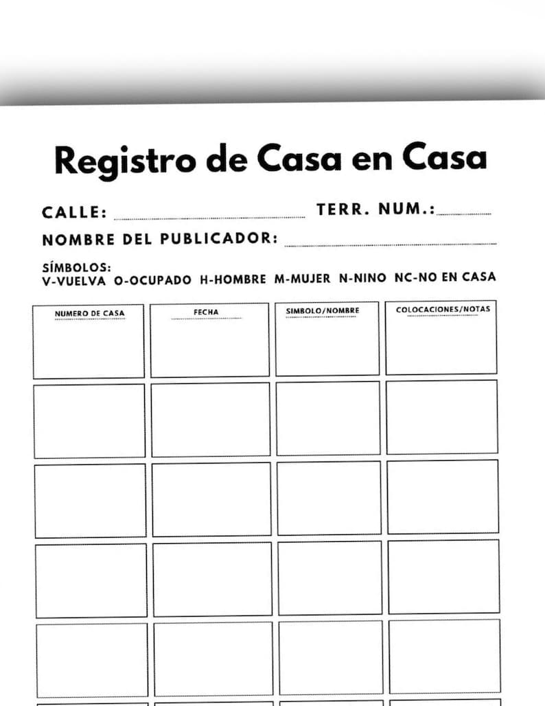May include: A white paper form titled "Registro de Casa en Casa" with black text. The form includes fields for "CALLE," "TERR. NUM.," and "NOMBRE DEL PUBLICADOR." Below are rows of boxes for data entry, with labels like "NUMERO DE CASA" and "FECHA."