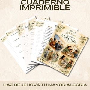 May include: A printable circuit assembly notebook titled 'Haz de Jehová tu mayor alegría' for 2026-2027. The cover features watercolor illustrations of people in various settings, and the interior pages include lined sections and a schedule.