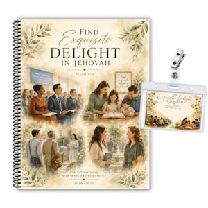 May include: A spiral-bound notebook featuring a watercolor-style illustration of people in various settings, with the text "Find Exquisite Delight in Jehovah" and "2026-2027." A matching clear plastic badge holder with a metal clip is included.