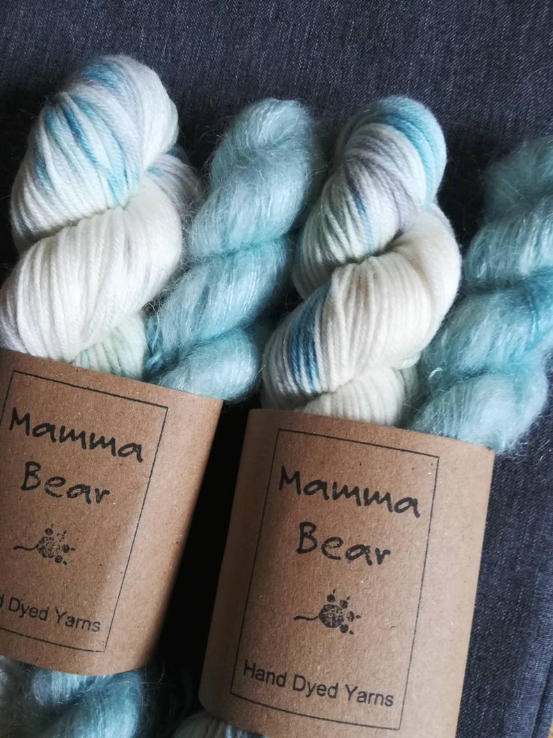 Sea Foam a 2 skein merino 4ply and kidsilk mohair sockshawlhat set