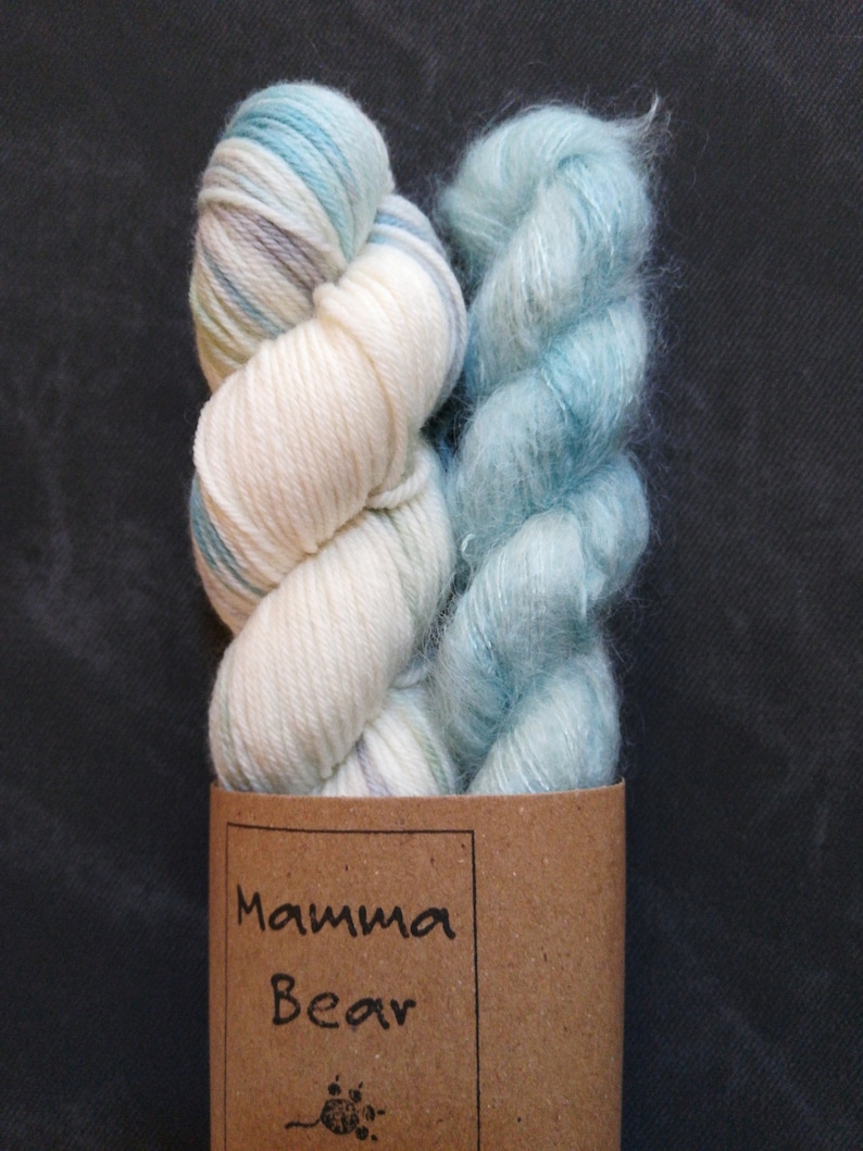 Sea Foam a 2 skein merino 4ply and kidsilk mohair sockshawlhat set