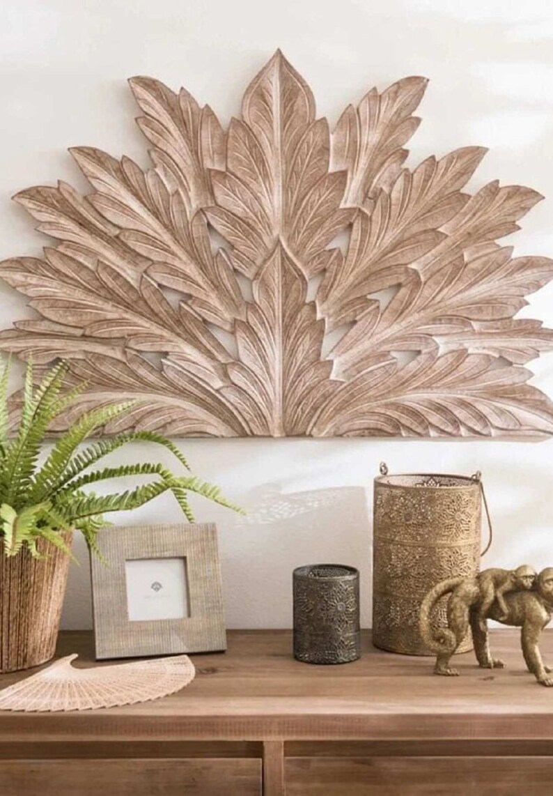 Hand Carved Palm Leaf Wall Art Bed Headboard, Traditional Moroccan