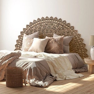 Selling Fast! Lotus half-moon bed headboard, Wall mount / Hanging Wooden Furniture, Traditional Moroccan Headboard, Boho King Size Headboard