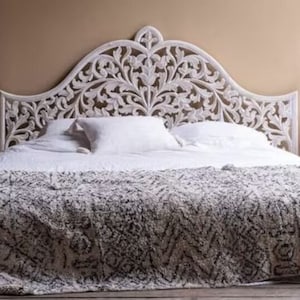 Hot-selling and chic, Luxury Bohemian hand-carved bed headboard, its white coastal finish exudes sophistication & timeless style.