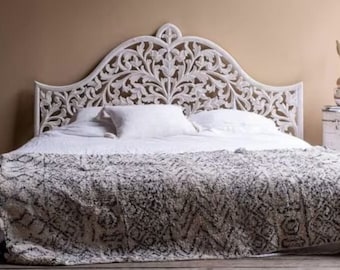 Hot-selling and chic, Luxury Bohemian hand-carved bed headboard, its white coastal finish exudes sophistication & timeless style.