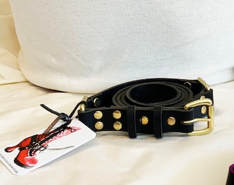 Black Leather Bondage Belt with Brass Hardware