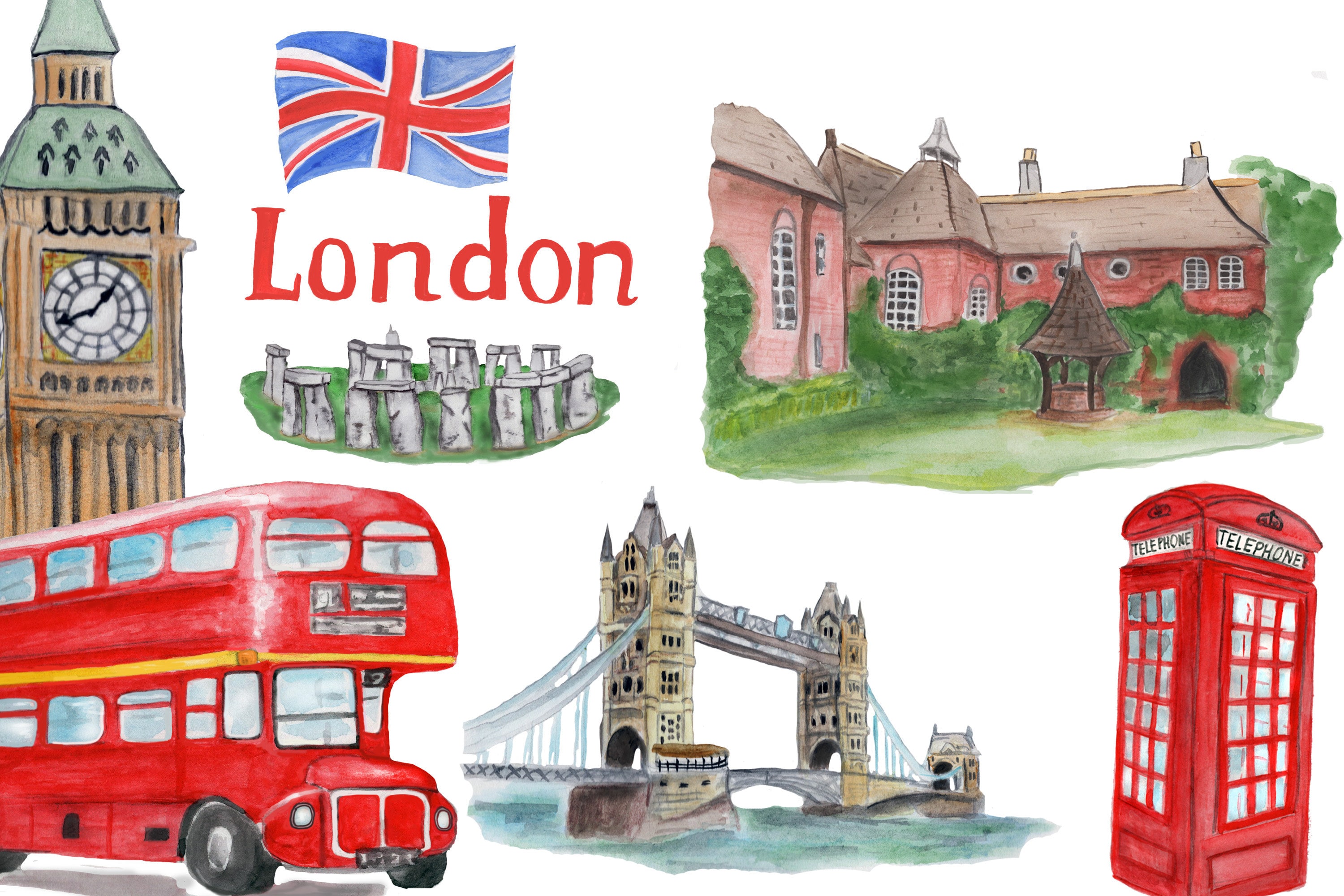 London clipart British watercolor clipart london symbols and Etsy