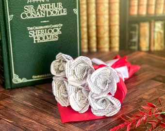 Mini bouquet di rose di carta di Sherlock Holmes, regalo unico per compleanni o lauree, 6 mini rose riciclate realizzate da un libro danneggiato