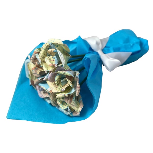Atlas Map Paper Petite Bouquet of Mini Roses Made From Damaged Books- Gift Ideas for Graduations, Anniversaries and Birthdays