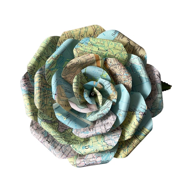 Atlas Map Paper Flowers Made From Damaged Books, Available in 3 Sizes- Gift Ideas for Graduations, Anniversaries and Birthdays