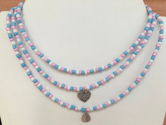 Beaded Necklace Pink Blue and White Beaded Necklace Pastel Seed