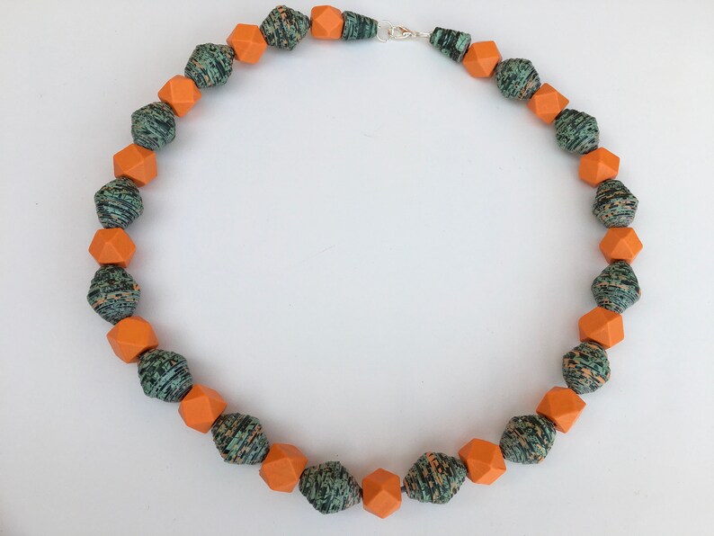 Paper and Wooden Bead Necklace, Green and Orange Necklace, Unique One ...