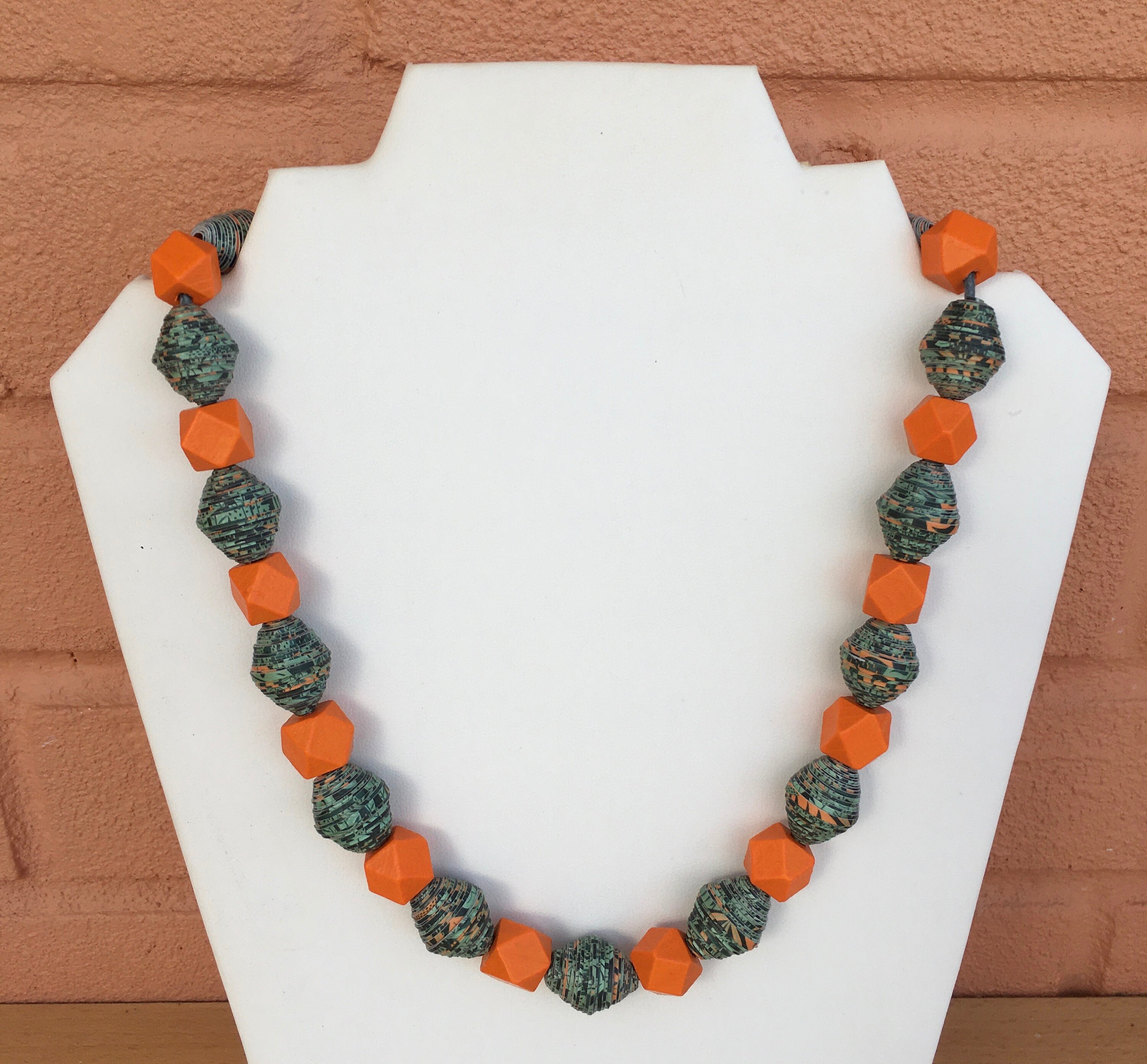 Paper and Wooden Bead Necklace, Green and Orange Necklace, Unique One ...