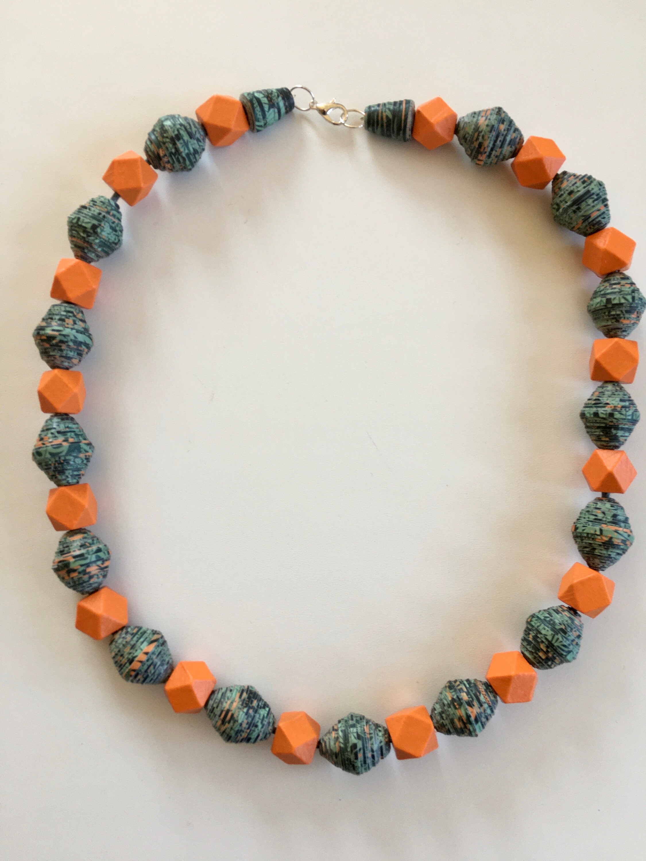 Paper and Wooden Bead Necklace, Green and Orange Necklace, Unique One ...