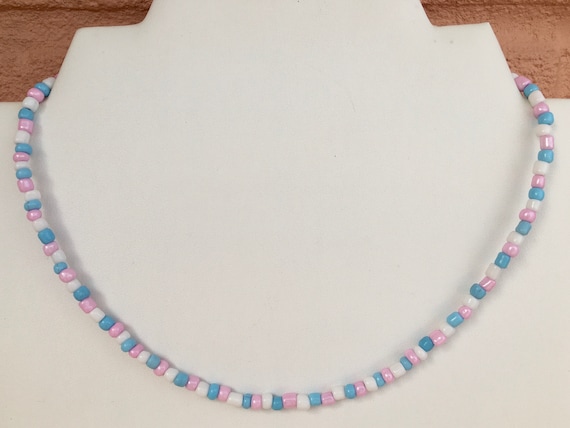 Beaded Necklace Pink Blue and White Beaded Necklace Pastel Seed Bead Necklace. Lightweight Summer Necklaces Etsy Israel