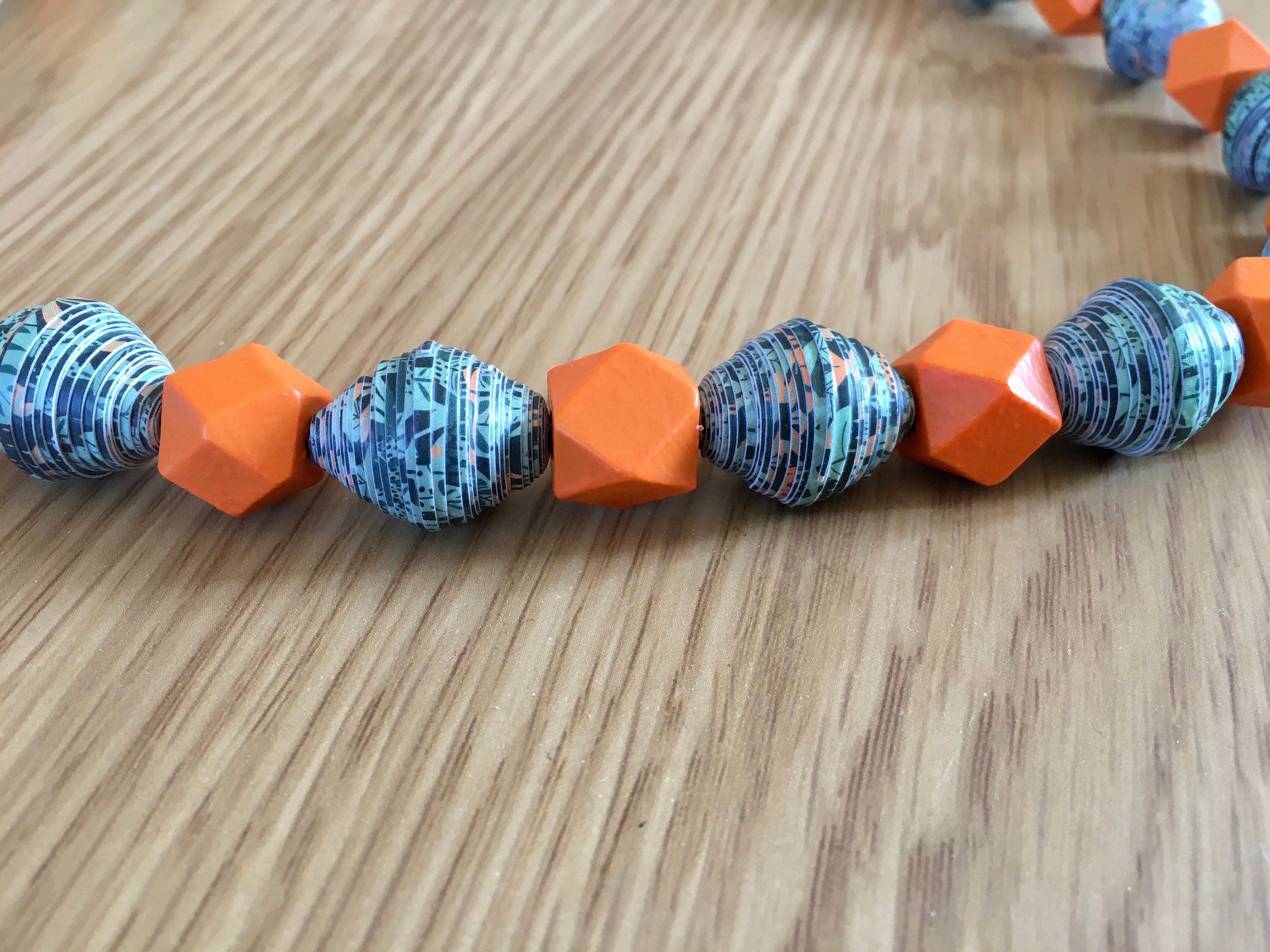 Paper and Wooden Bead Necklace, Green and Orange Necklace, Unique One ...