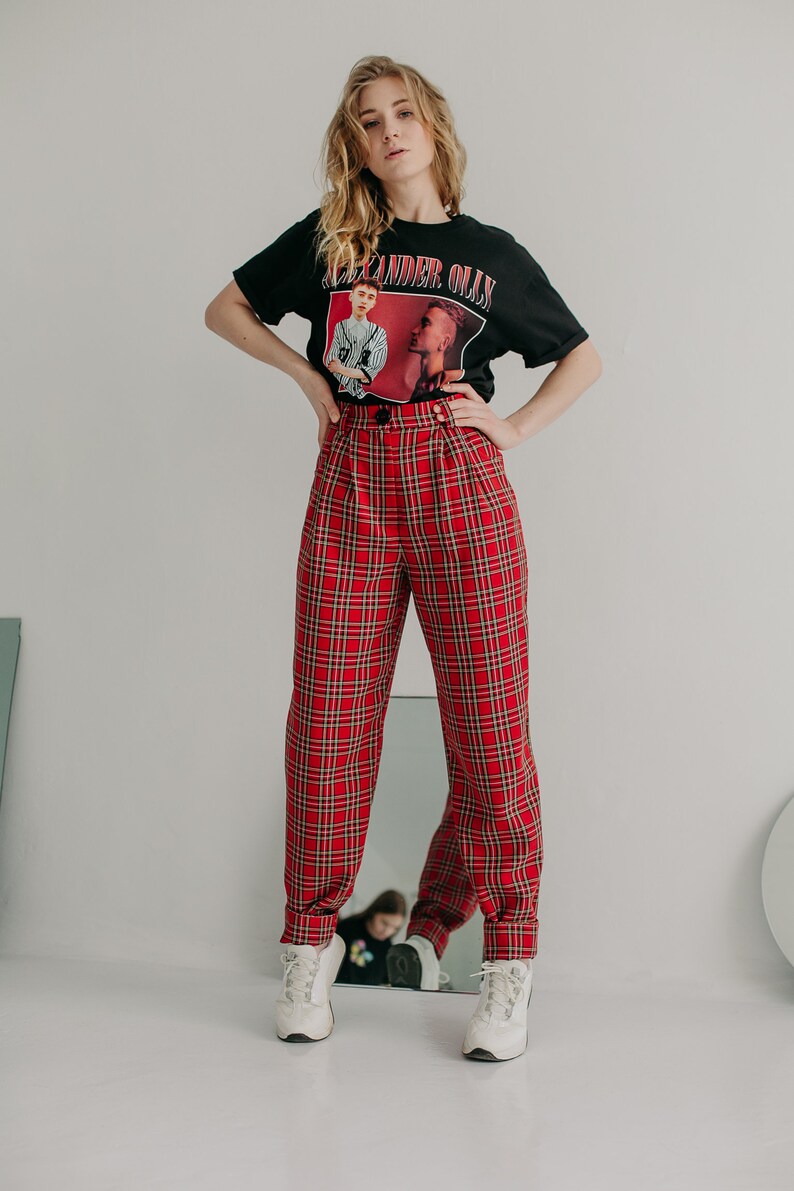 Women/'s Trousers Banana Pants Scottish plaid XL,Red checkered pants High waist pants Grunge Red plaid pants 90s 90/'s aesthetic Pants