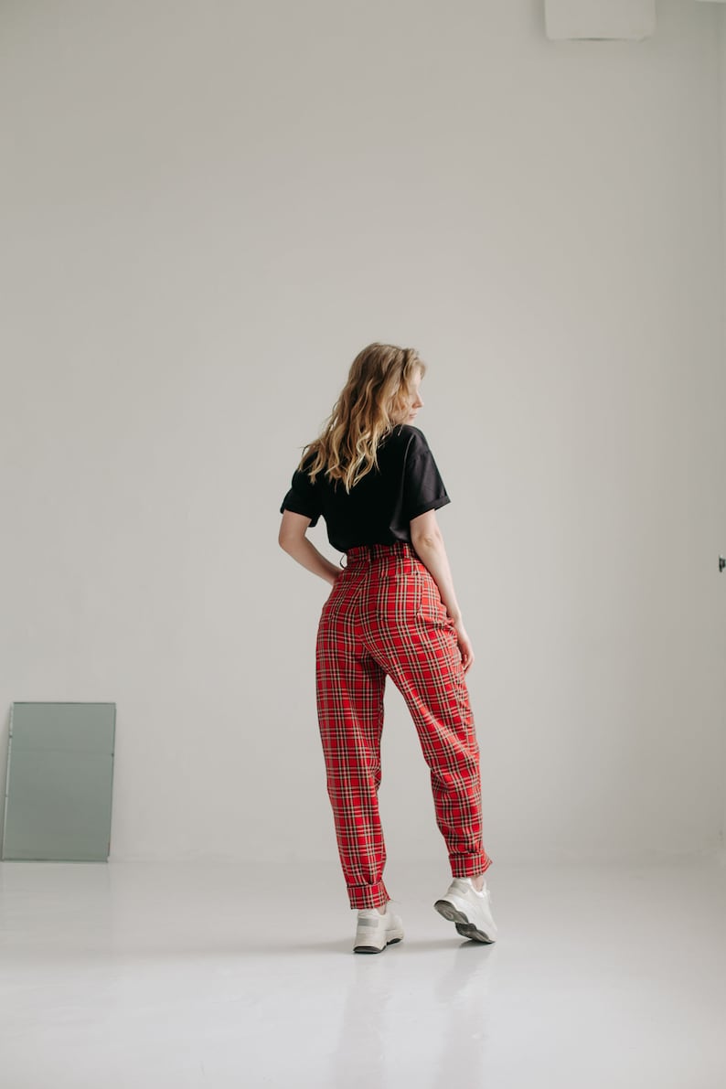 90/'s aesthetic Pants Red plaid pants 90s Scottish plaid High waist pants Women/'s Trousers XL,Red checkered pants Grunge Banana Pants