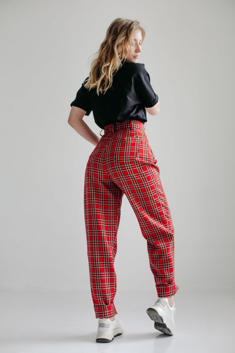 90/'s aesthetic Pants Red plaid pants 90s Scottish plaid High waist pants Women/'s Trousers XL,Red checkered pants Grunge Banana Pants