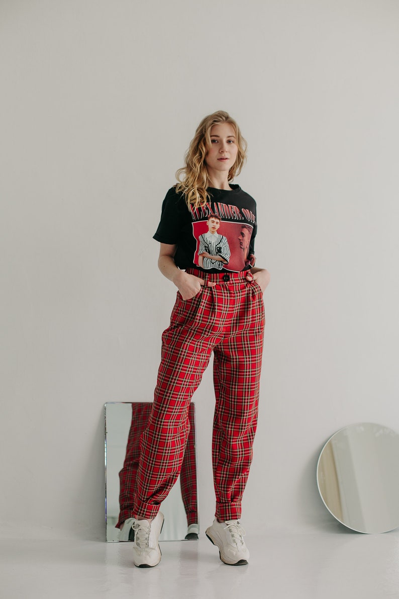 Women/'s Trousers Banana Pants Scottish plaid XL,Red checkered pants High waist pants Grunge Red plaid pants 90s 90/'s aesthetic Pants