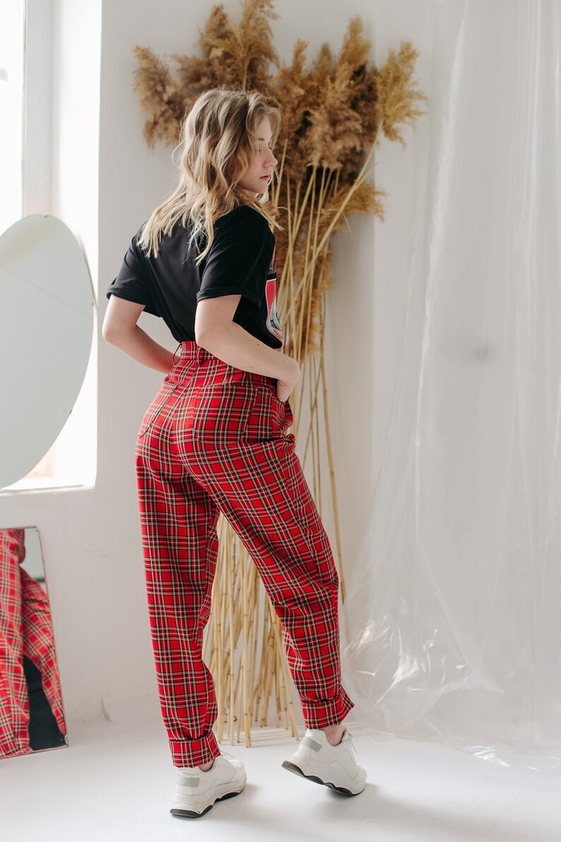 Women/'s Trousers Banana Pants Scottish plaid XL,Red checkered pants High waist pants Grunge Red plaid pants 90s 90/'s aesthetic Pants