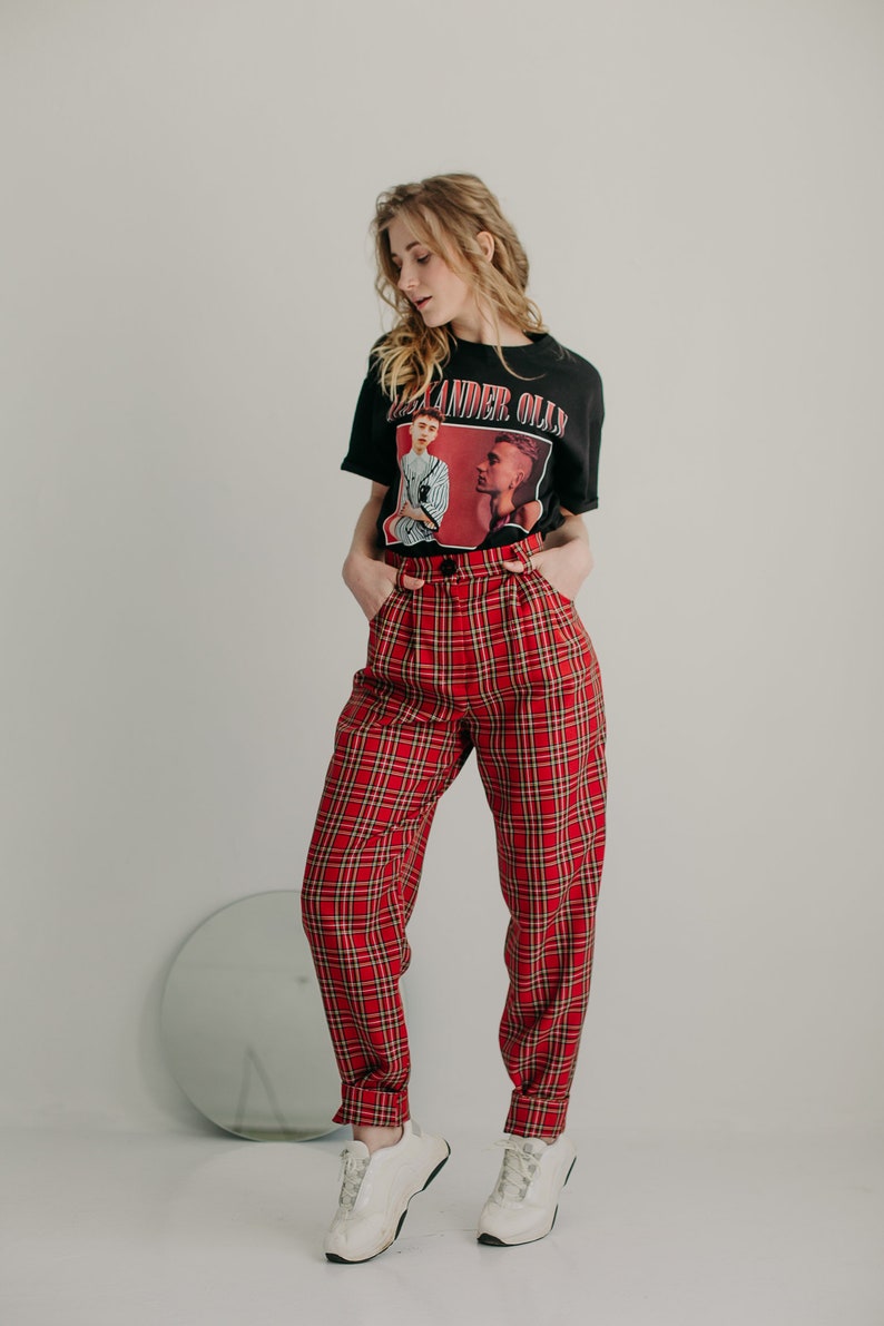 90/'s aesthetic Pants Red plaid pants 90s Scottish plaid High waist pants Women/'s Trousers XL,Red checkered pants Grunge Banana Pants