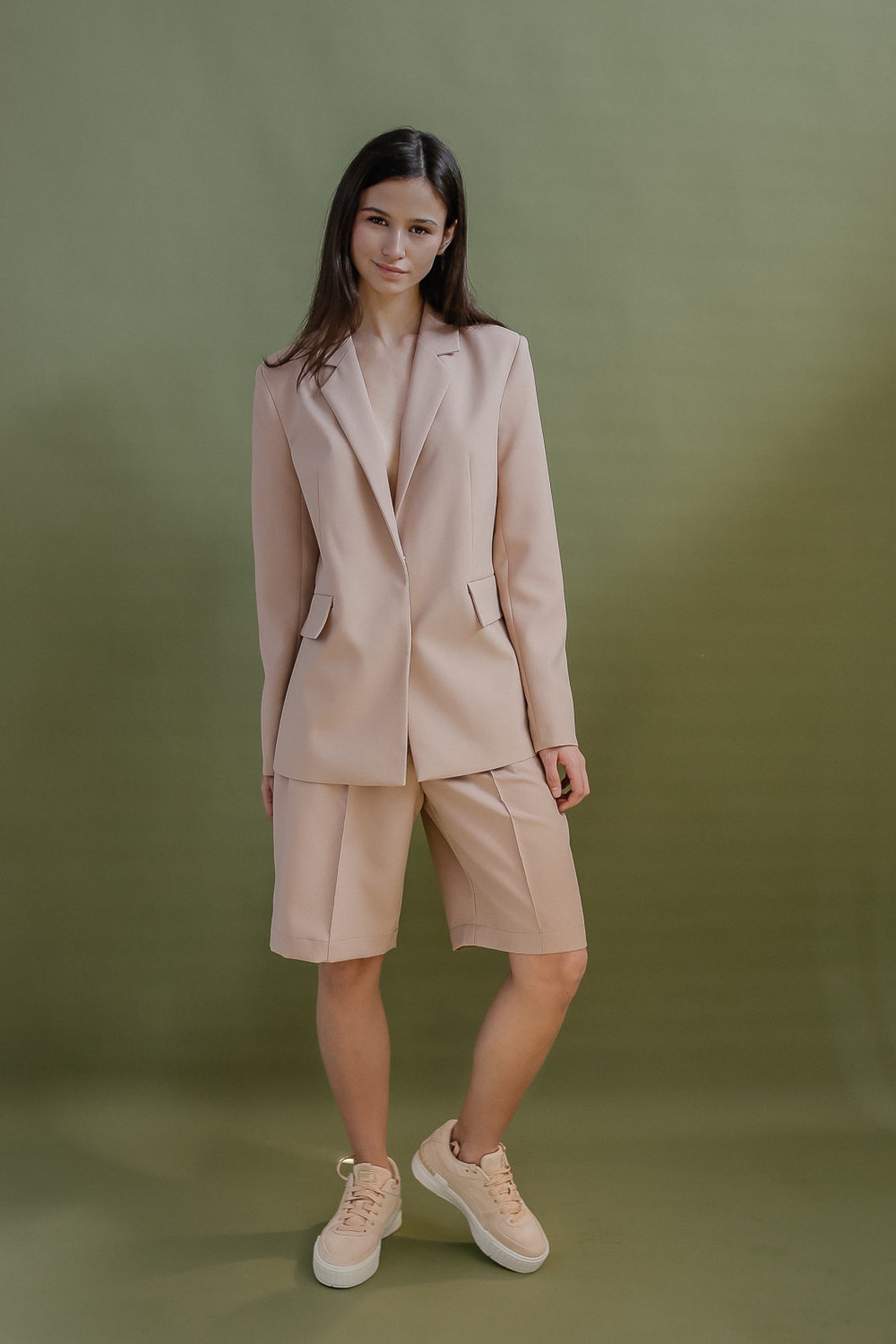 Anzug mit Bermuda Shorts und Jacke High Waist Shorts Beige Etsy