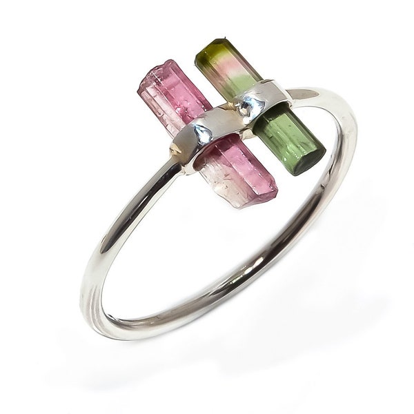 Sterling Silver Watermelon Tourmaline ring, Unique Fantastic Engagement Ring