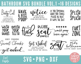 Könnte beinhalten: Ein Satz von 16 schwarz-weißen Badezimmer-Schildern mit humorvollen Sprüchen. Die Schilder beinhalten Sätze wie "Booty Call", "Have a Nice Poop", "Notice", "It Won't Flush Itself", "Please Seat Yourself", "The Best Seat in the House", "Fart Zone", "Sweet Cheeks Get Naked", und "Caution: Kid's Bathroom You've Been Warned".