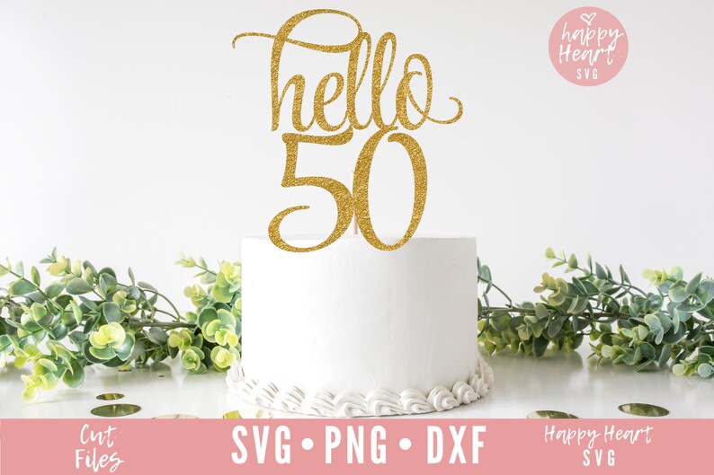 May include: Gold glitter cake topper with the text "hello 50" on a white cake with white frosting and a ruffled edge.