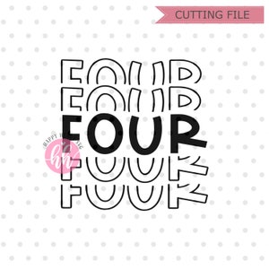 May include: Black and white graphic design of the word "FOUR" stacked on top of itself five times. The word "FOUR" is in a bold, blocky font.