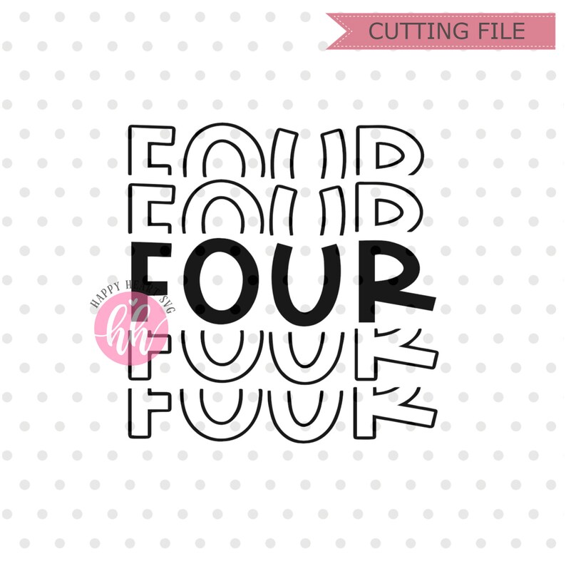 May include: Black and white graphic design of the word "FOUR" stacked on top of itself five times. The word "FOUR" is in a bold, blocky font.