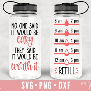 May include: Two clear water bottles with black lids and black text. The bottle on the left says "No one said it would be easy. They said it would be worth it." The bottle on the right has a water intake schedule with times from 8 am to 6 pm and the word "REFILL" at the bottom.