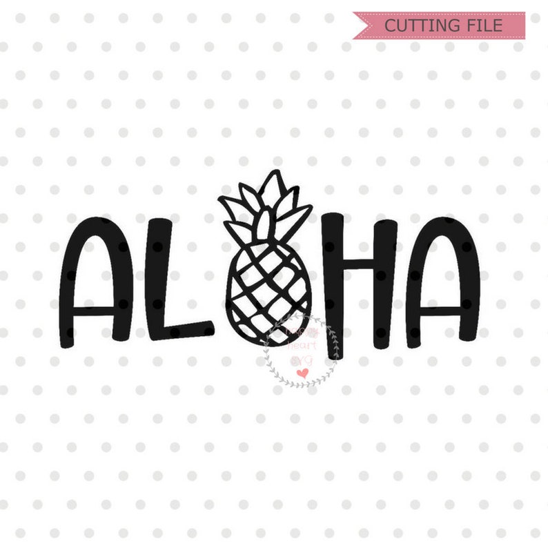 May include: Black and white graphic design of the word "Aloha" with a pineapple in the middle.