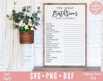 May include: A white sign with a wooden frame that says "The Great Bathroom Word Scramble". The sign has a list of words that can be unscrambled to make bathroom-related words. The sign is sitting on a wooden table with a white brick wall in the background.
