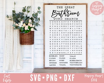 Puede incluir: Un rompecabezas de búsqueda de palabras imprimible en blanco y negro con el título "The Great Bathroom Word Search". El rompecabezas presenta una cuadrícula de letras con palabras relacionadas con el baño, como "inodoro", "jabón", "cepillo" y "toalla".