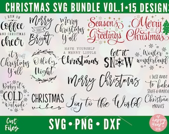 May include: A collection of 15 Christmas-themed SVG designs in black, red, and white. Phrases include "Merry Christmas," "Season's Greetings," and "Joy to the World." The image also includes the text "Christmas SVG Bundle Vol. 1 * 15 Designs."