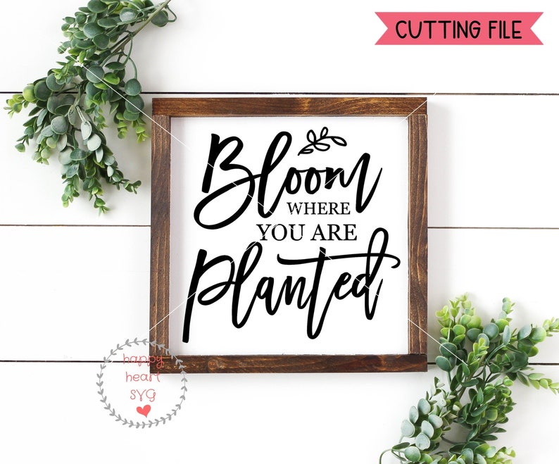 May include: A white wooden sign with a brown frame, featuring the text "Bloom where you are planted" in black cursive lettering. The sign has a simple floral design above the word "Bloom".