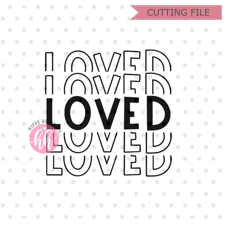 May include: Black and white graphic design with the word "LOVED" repeated five times in a stacked, layered, and overlapping pattern. The word "LOVED" is in a bold, sans-serif font.