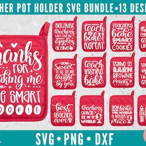 Może przedstawiać: Zestaw 13 czerwonych podstawek pod garnki z białym tekstem. Podstawki pod garnki przedstawiają różne powiedzenia związane z nauczycielami, takie jak "Dziękuję za to, że uczyniłeś mnie mądrym ciasteczkiem", "Nauczyciele zmieniają świat" i "Pieczesz świat w lepsze miejsce".