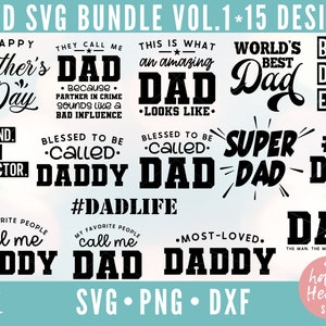 K&ouml;nnte beinhalten: Ein digitaler Download von 15 SVG-Designs mit verschiedenen Spr&uuml;chen rund um V&auml;ter und Papas. Die Designs sind in schwarzem Text auf wei&szlig;em Hintergrund. Der Text enth&auml;lt S&auml;tze wie "Frohes Vatertagsfest", "Weltbester Papa", "Super Papa" und "#DadLife".