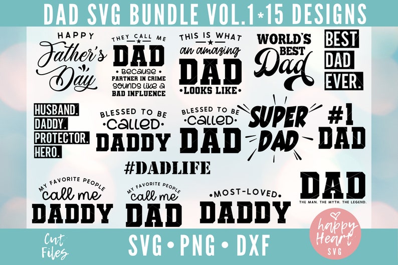 K&ouml;nnte beinhalten: Ein digitaler Download von 15 SVG-Designs mit verschiedenen Spr&uuml;chen rund um V&auml;ter und Papas. Die Designs sind in schwarzem Text auf wei&szlig;em Hintergrund. Der Text enth&auml;lt S&auml;tze wie "Frohes Vatertagsfest", "Weltbester Papa", "Super Papa" und "#DadLife".