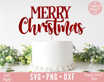 May include: Red glitter "Merry Christmas" cake topper on a white cake with a white frosting border. The cake topper is on a wooden stick.