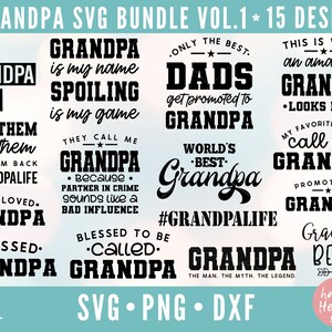 Op de afbeelding: Een digitale download van 15 SVG-ontwerpen met verschillende zinnen over opa's. De ontwerpen zijn in zwarte tekst op een witte achtergrond. De tekst bevat zinnen zoals "Beste opa ooit", "Opa is mijn naam, Versieren is mijn spel", "Beste opa ter wereld", en "Zo ziet een geweldige opa eruit".
