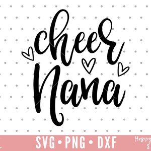 May include: Black and white graphic design with the text "cheer mama" in a cursive font. There are three small hearts around the text.