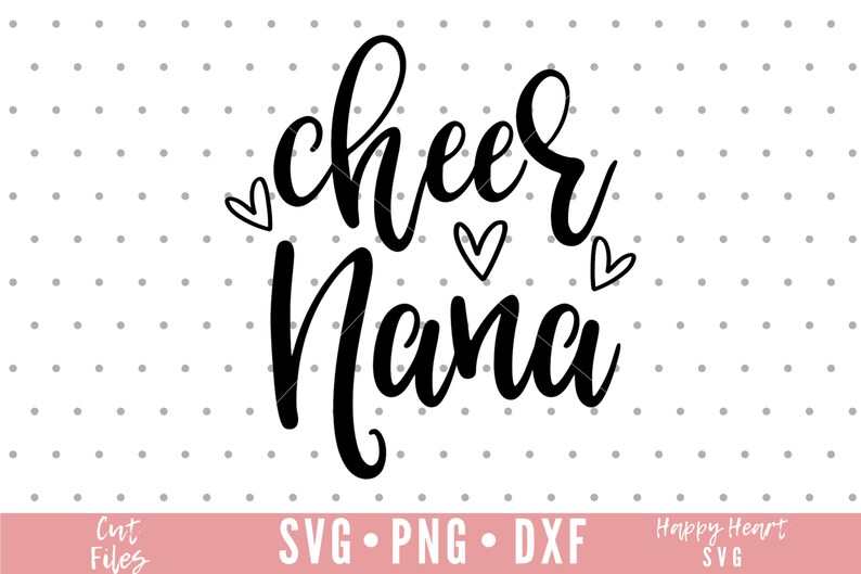 May include: Black and white graphic design with the text "cheer mama" in a cursive font. There are three small hearts around the text.