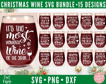 May include: A set of 15 Christmas wine SVG designs featuring wine glasses with festive sayings like "It's the most wonderful wine of the year", "Jingle Juice", and "Cuddled by wine this Christmas".