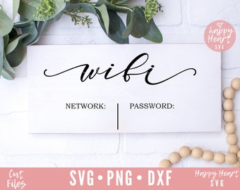 May include: A white sign with the word "wifi" written in cursive script. Below the word "wifi" are the words "NETWORK" and "PASSWORD" with blank lines for filling in the information.