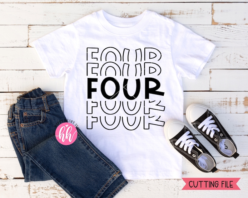 May include: White t-shirt with the word "FOUR" repeated in a stacked, layered design. The word "FOUR" is in black and the layers are in white.